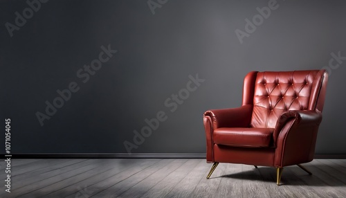 Red leather armchair in an empty studio against muted gray walls. Sharp contrast