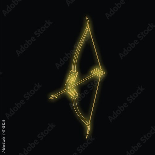 Neon bow and arrow sign is glowing on a black background, illuminating the concept of archery