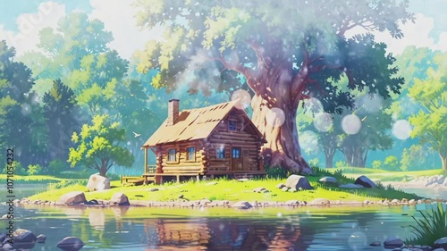 Tranquil wooden cabin by a serene lake surrounded by lush trees in a picturesque landscape during a sunny day.Seamless 4k time lapse virtual video animation
