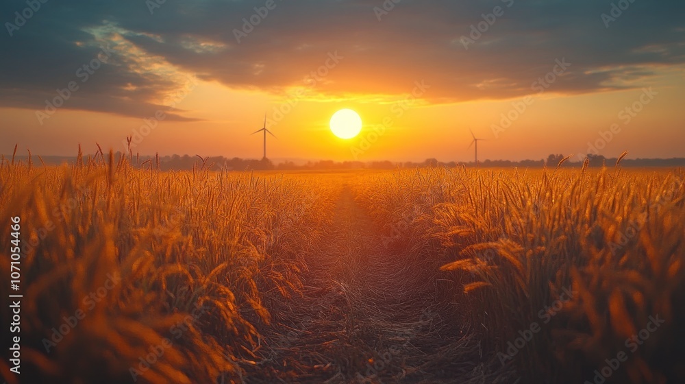Fototapeta premium A path through a golden wheat field leads towards a sunset with wind turbines silhouetted against the horizon.