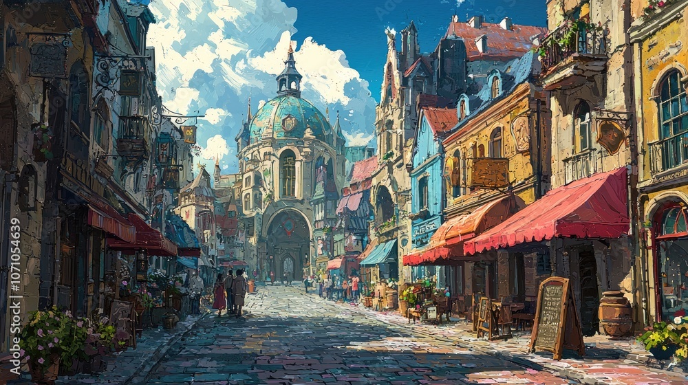Obraz premium A cobblestone street lined with quaint shops and buildings in a European town.