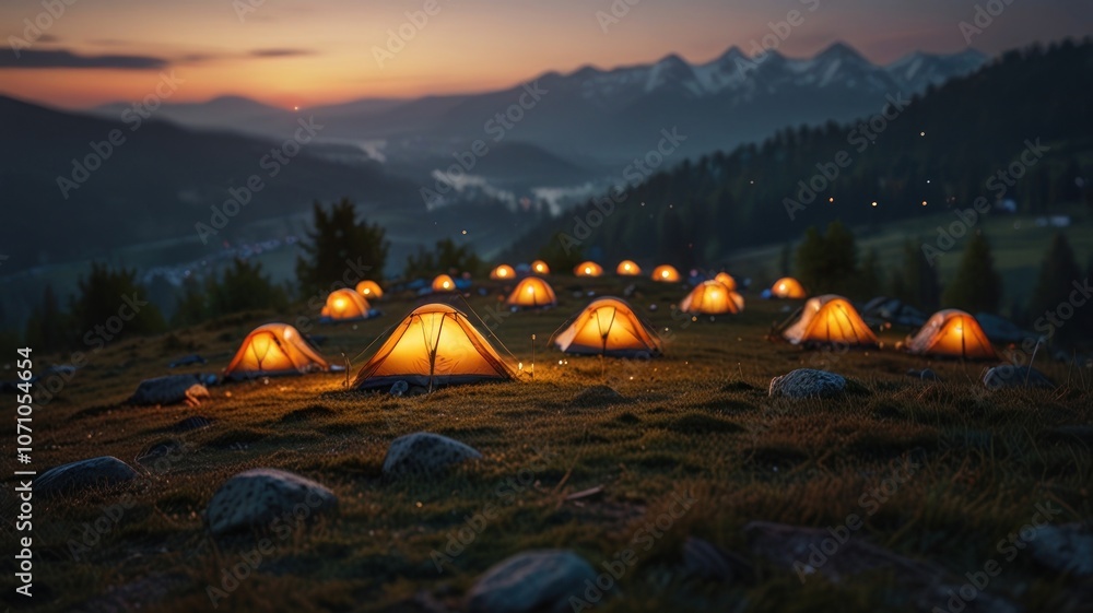 a picturesque camping scene in a mountainous landscape. A cluster of colorful tents dot the hillside, with a majestic mountain range as the backdrop. a picturesque camping scene in a mountainous landscape. A cluster of colorful tents dot the hillside, with a majestic mountain range as the backdrop.