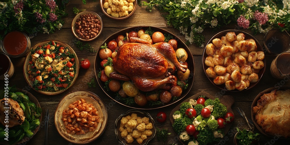 Fototapeta premium Christmas festive dinner table with roast chicken and vegetables