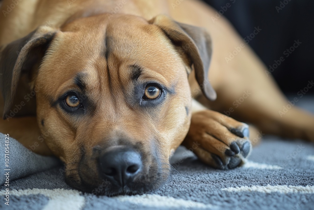 A calm brown dog with soulful eyes rests quietly, basking in comfort and exuding warmth and companionship. A calm brown dog with soulful eyes rests quietly, basking in comfort and exuding warmth and companionship.
