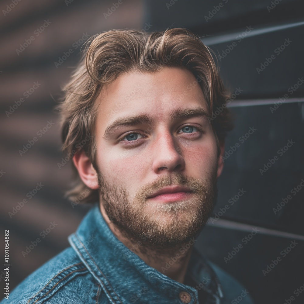 Obraz premium A man with light beard and thoughtful expression poses in front of a dark wall wearing a stylish denim jacket.