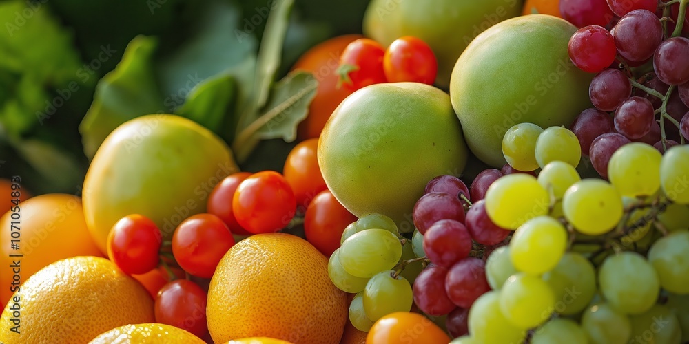 An abundance of fresh fruits such as grapes, oranges, and tomatoes creates a vibrant and colorful visual display. An abundance of fresh fruits such as grapes, oranges, and tomatoes creates a vibrant and colorful visual display.