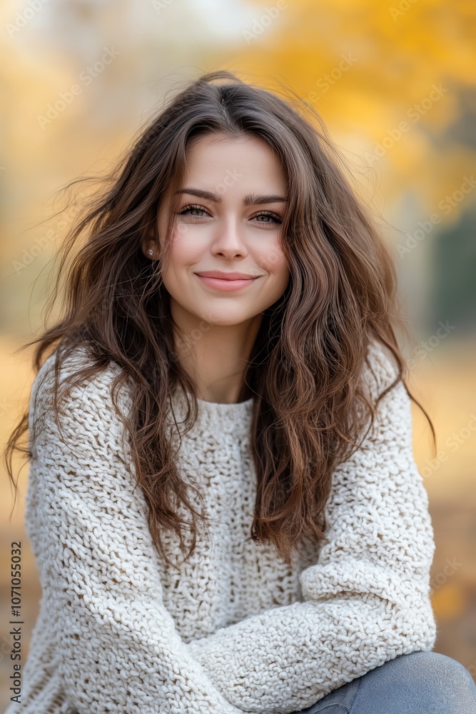A smiling woman with loose hair wears a cozy knit sweater, set against a blurred autumnal background of yellow hues. A smiling woman with loose hair wears a cozy knit sweater, set against a blurred autumnal background of yellow hues.