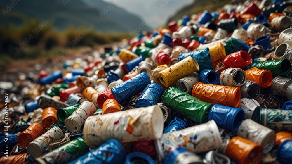 Fototapeta premium a stark and sobering scene of environmental pollution. A vast expanse of plastic waste is strewn across a landscape, contrasting sharply with the majestic mountain range in the background.
