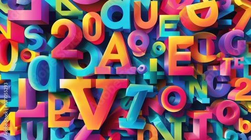 A colorful background of 3D letters and numbers.