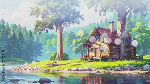 Tranquil wooden cabin by a serene lake surrounded by lush trees in a picturesque landscape during a sunny day.Seamless 4k time lapse virtual video animation