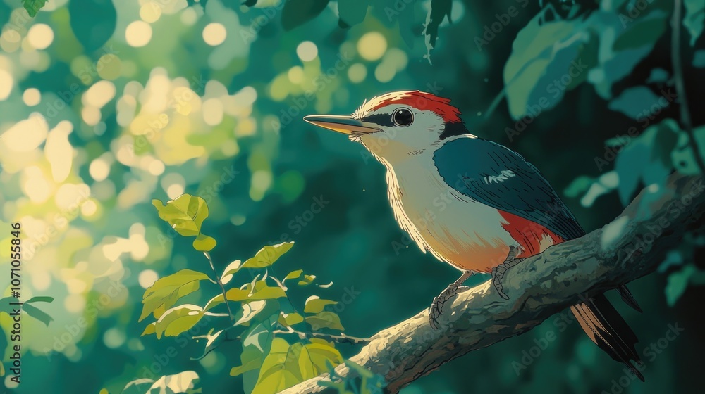 A colorful woodpecker perched on a branch, with a blurred background of green foliage and sunlight. A colorful woodpecker perched on a branch, with a blurred background of green foliage and sunlight.