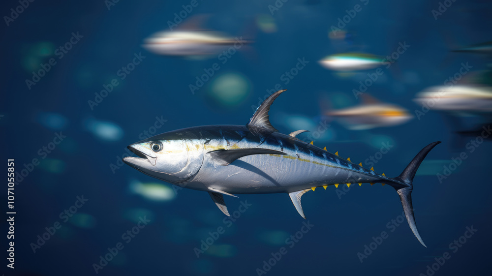 Naklejka premium A large fish is swimming in the ocean with other fish in the background. The fish is surrounded by a blurry background, giving the impression of motion and energy