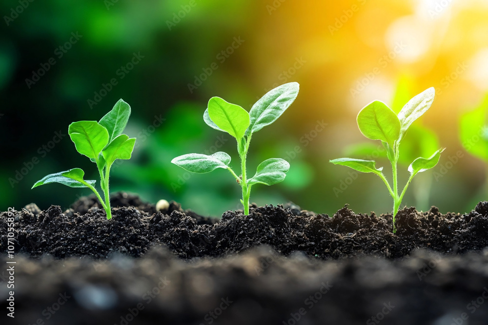 Three young green seedlings sprouting from rich soil, illuminated by warm sunlight, symbolizing growth, new beginnings, and the vitality of nature Three young green seedlings sprouting from rich soil, illuminated by warm sunlight, symbolizing growth, new beginnings, and the vitality of nature