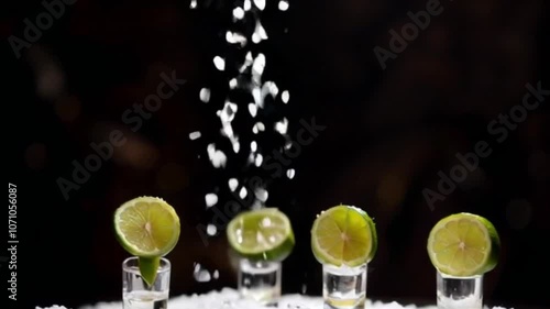 Ultra HD 4K Looped Slow Motion Tequila Shots with Lime and Sparkling Salt Rainfall - Festive Dark Background Blur Effect