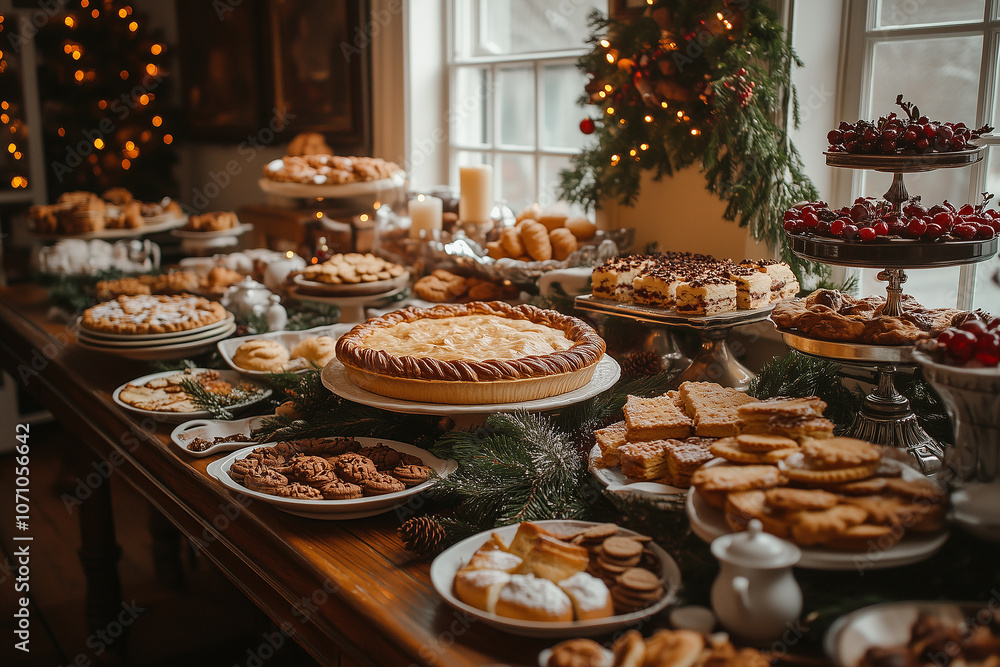 Exquisite holiday table adorned with festive treats and decorations for a joyful celebration gathering Exquisite holiday table adorned with festive treats and decorations for a joyful celebration gathering