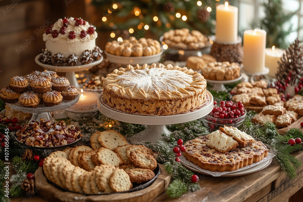 A beautifully arranged holiday table adorned with festive treats and candles for a warm gathering during the winter season A beautifully arranged holiday table adorned with festive treats and candles for a warm gathering during the winter season