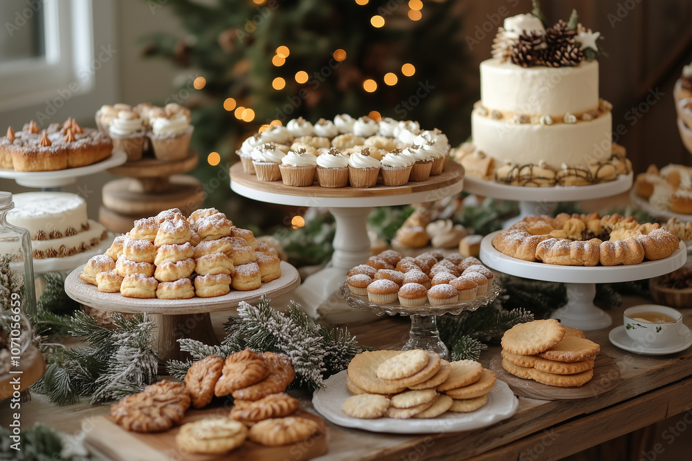 Beautifully decorated holiday table featuring an array of desserts and treats in a cozy setting adorned with festive lights Beautifully decorated holiday table featuring an array of desserts and treats in a cozy setting adorned with festive lights