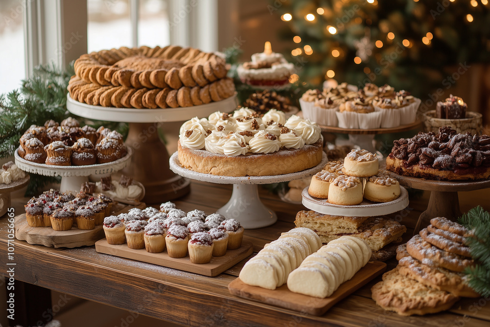Festively decorated holiday table showcasing an array of decadent desserts and treats in a cozy winter setting Festively decorated holiday table showcasing an array of decadent desserts and treats in a cozy winter setting