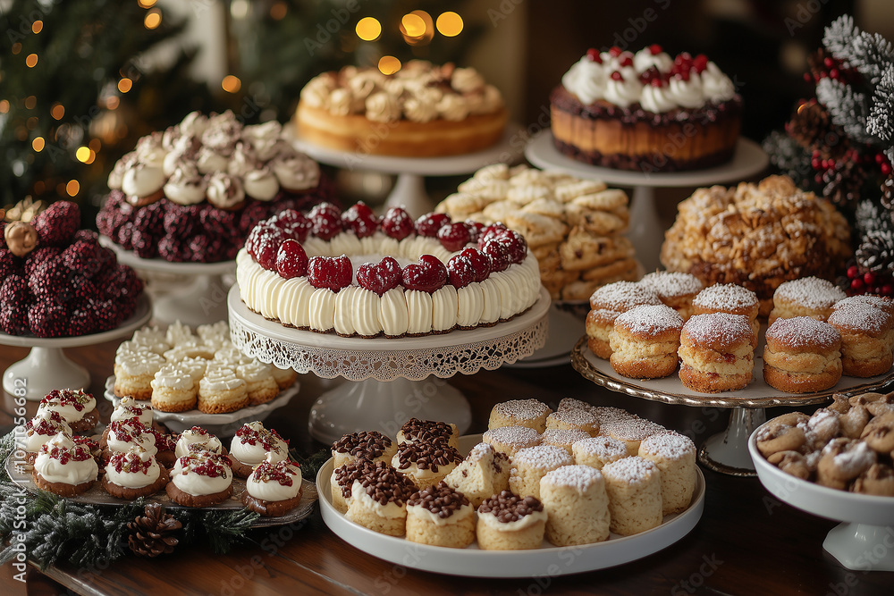 A beautifully decorated holiday table featuring an array of festive pastries and desserts surrounded by warm lights and greenery A beautifully decorated holiday table featuring an array of festive pastries and desserts surrounded by warm lights and greenery