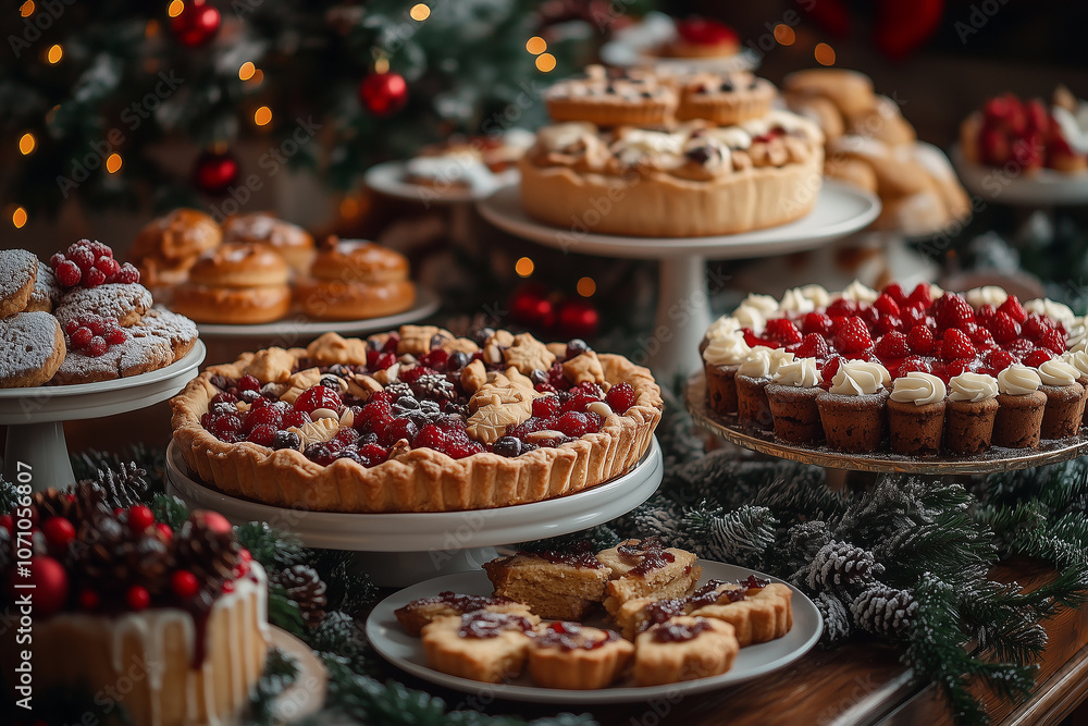 Beautifully decorated holiday table featuring a variety of desserts in a cozy winter setting Beautifully decorated holiday table featuring a variety of desserts in a cozy winter setting