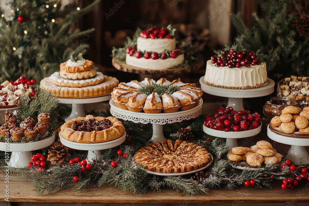 Elegant holiday table adorned with an array of festive desserts and decorated with greenery, perfect for seasonal celebrations Elegant holiday table adorned with an array of festive desserts and decorated with greenery, perfect for seasonal celebrations