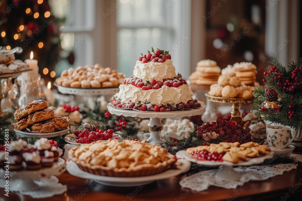 A beautifully decorated holiday table adorned with delicious desserts, festive treats, and seasonal decorations A beautifully decorated holiday table adorned with delicious desserts, festive treats, and seasonal decorations