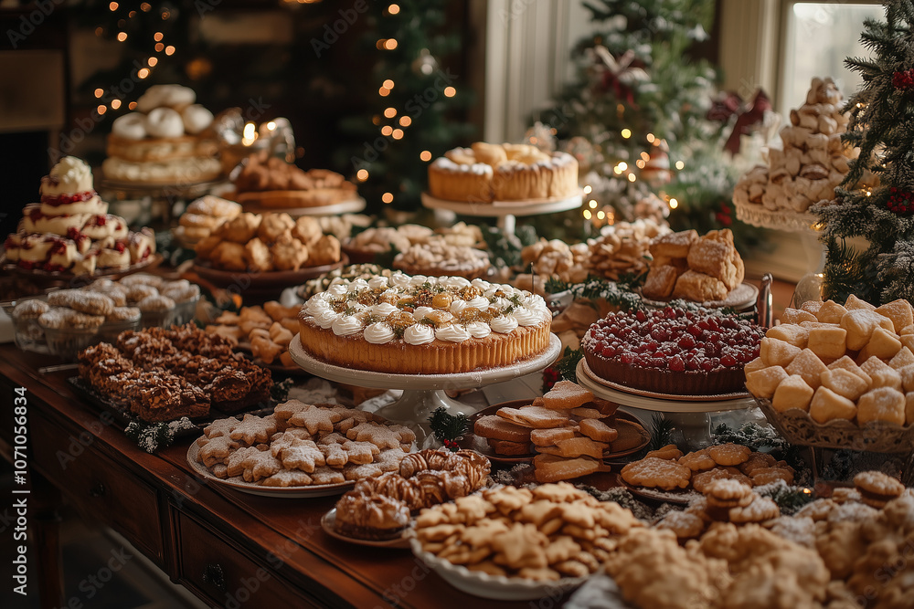A beautifully decorated holiday table filled with a variety of desserts and pastries, perfect for festive gatherings in winter A beautifully decorated holiday table filled with a variety of desserts and pastries, perfect for festive gatherings in winter