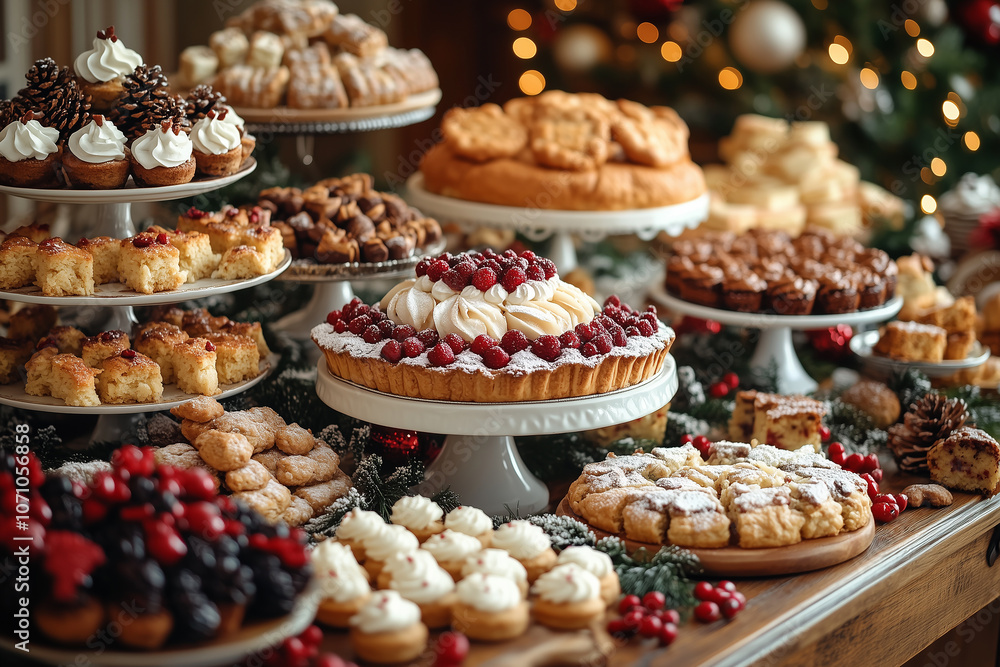 A beautifully decorated holiday table filled with an array of festive desserts, surrounded by festive decorations and warm lighting A beautifully decorated holiday table filled with an array of festive desserts, surrounded by festive decorations and warm lighting