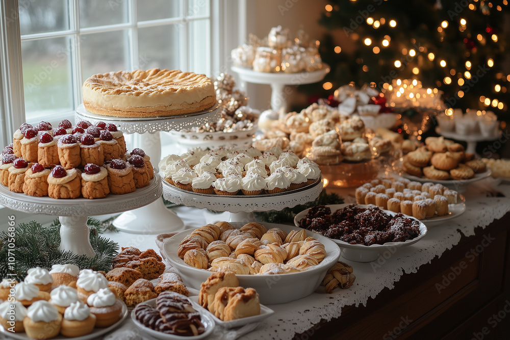 A beautifully decorated holiday table featuring an array of desserts and treats set against a cozy winter backdrop A beautifully decorated holiday table featuring an array of desserts and treats set against a cozy winter backdrop
