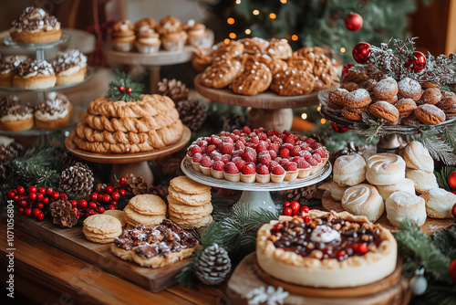 A beautifully arranged holiday dessert table filled with assorted pastries and festive decorations in a cozy winter setting