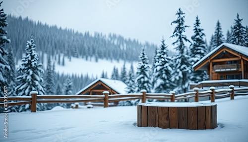 Wallpaper Mural Wooden Hot Tub in Snowy Mountain Landscape Torontodigital.ca