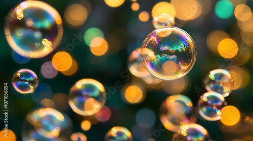 Abstract arrangement of transparent bubbles, soft colors blending harmoniously, capturing light reflections to evoke an ethereal, magical aesthetic for unique backgrounds