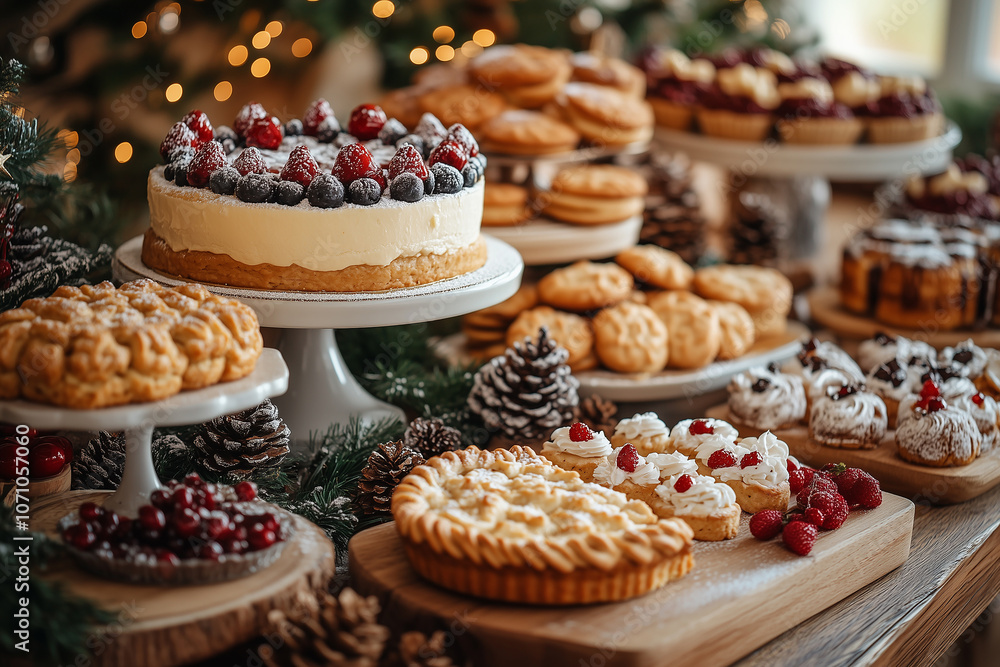 A stunningly decorated holiday table featuring an array of delicious desserts and seasonal decorations perfect for festive gatherings A stunningly decorated holiday table featuring an array of delicious desserts and seasonal decorations perfect for festive gatherings