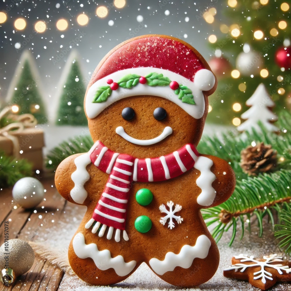 Fototapeta premium Adorable gingerbread cookie decorated for Christmas, surrounded by festive decorations and a cozy winter atmosphere, perfect for holiday-themed projects.