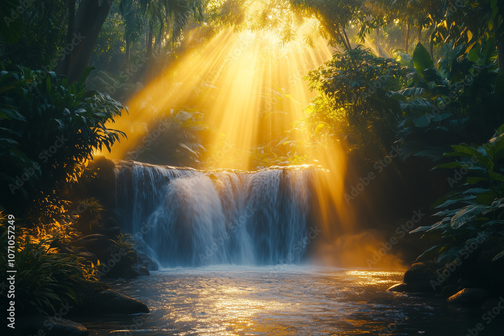 A stunning waterfall cascading through a lush rainforest with golden sunlight piercing through the trees at dawn A stunning waterfall cascading through a lush rainforest with golden sunlight piercing through the trees at dawn