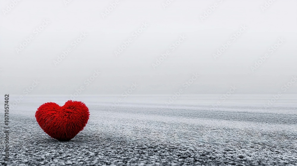 Fototapeta premium A red heart-shaped object rests atop a gravel road amidst a hazy, misty sky