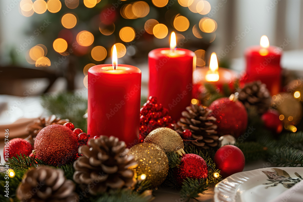 Cozy Christmas table centerpiece with red candles, pinecones, and golden ornaments in soft lighting Cozy Christmas table centerpiece with red candles, pinecones, and golden ornaments in soft lighting