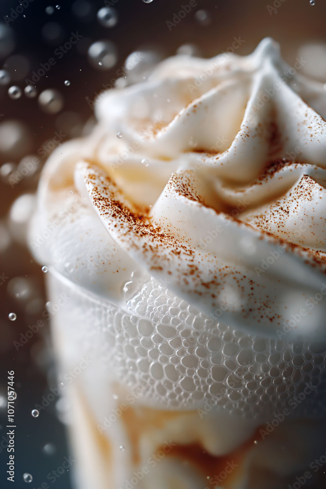 Indulgent creamy milkshake topped with whipped cream and bubbles in warm lighting Indulgent creamy milkshake topped with whipped cream and bubbles in warm lighting
