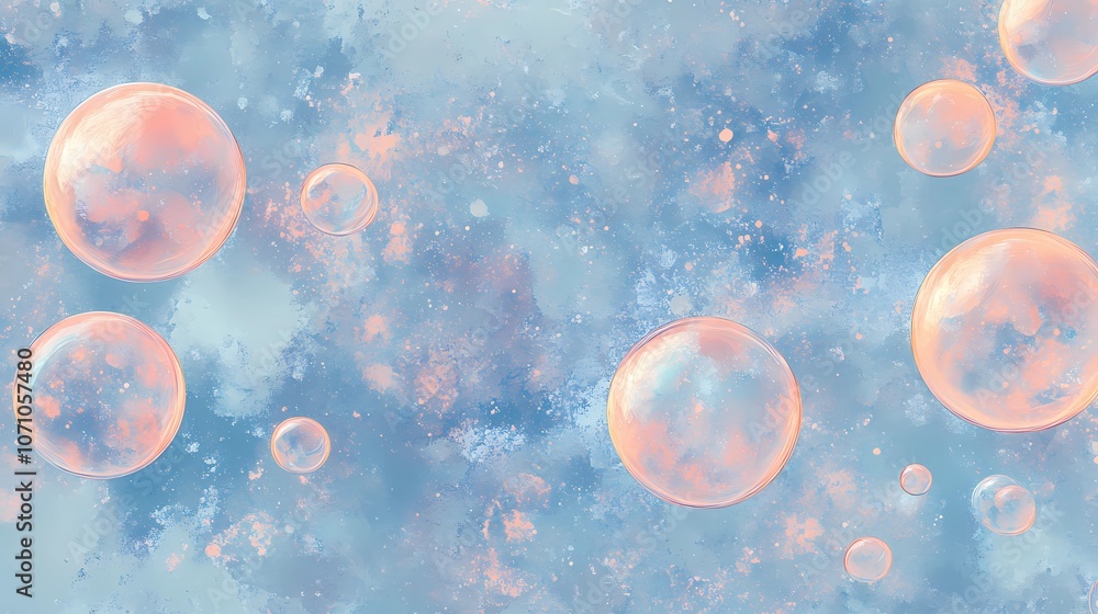 Naklejka premium Clusters of iridescent bubbles overlapping, refracting light into pastel hues with soft reflections, creating a whimsical and playful textured background design
