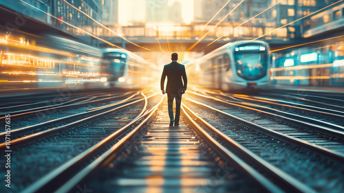 A man walks down train tracks with trains passing on either side..