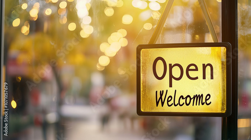 A yellow Open sign hangs on a door with a blurred street scene behind it..