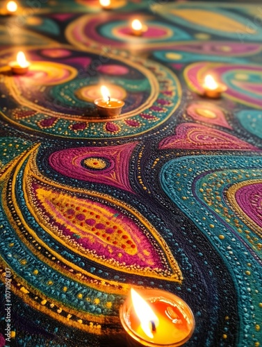 Festive Joy: Vibrant Rangoli Patterns IlluminatedDiyas, Celebrating Artistry and Devotion photo