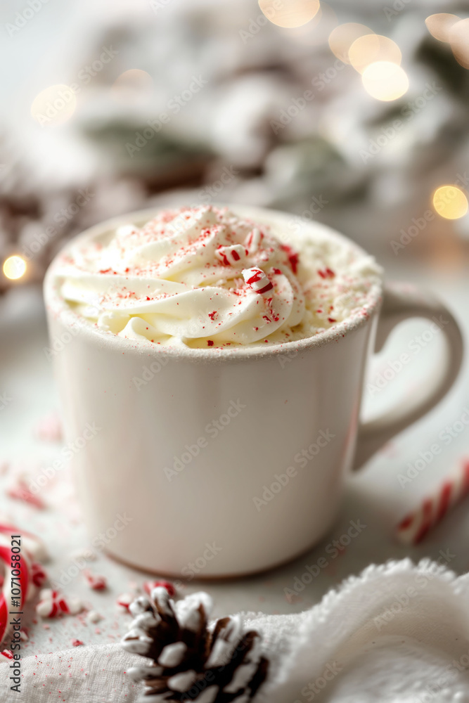 Cozy festive mug of peppermint hot chocolate topped with whipped cream and candy cane Cozy festive mug of peppermint hot chocolate topped with whipped cream and candy cane