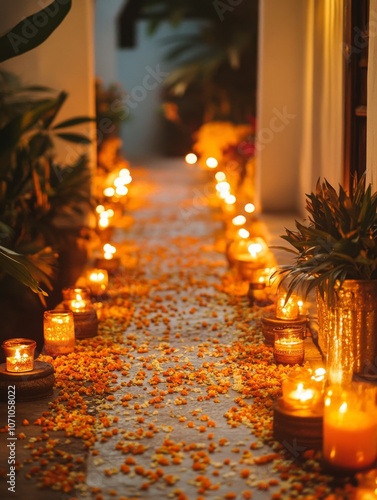 Warmth and Elegance: A Golden Pathway of Marigold Petals and Diyas to Enchantment photo