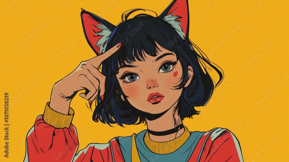 Anime girl with cat ears and dark hair, wearing colorful outfit Anime girl with cat ears and dark hair, wearing colorful outfit
