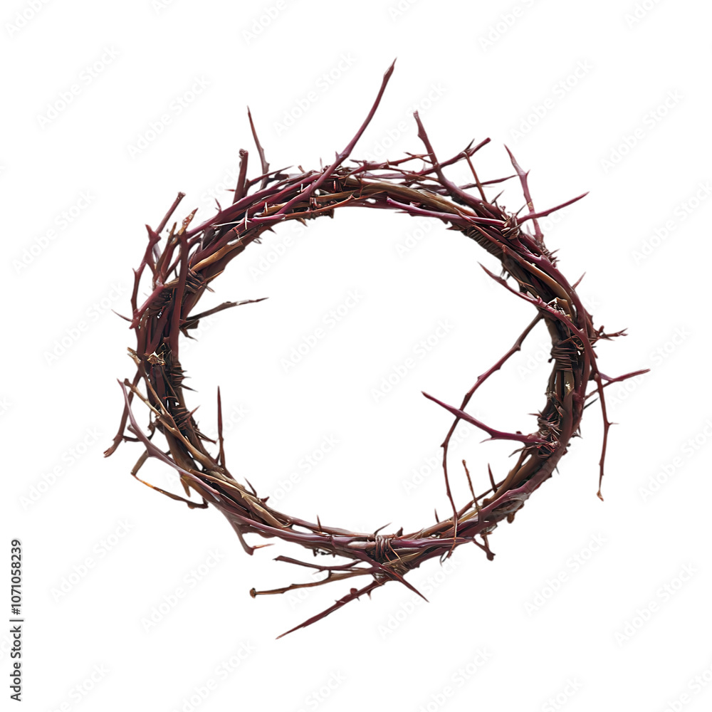 Fototapeta premium A crown of tree branches with sharp long xiphoid thorns on a white background