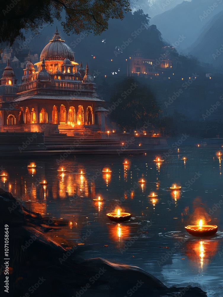 Obraz premium Tranquil Diwali Night: A Sacred Temple Reflection on Peaceful LakeFloating Diyas