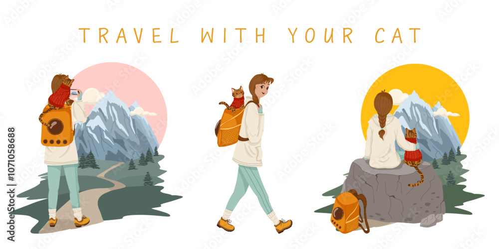 Fototapeta premium Travel with your cat concept art. Vector hand drawn illustration with a woman hiking in the mountains with a bengal cat in a pet carrier backpack. Set of scenes with traveler and animal