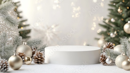 3D Product Display with Snowy Pine Branches and Festive Christmas Ornaments