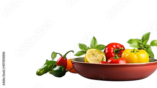 A vibrant assortment of fresh vegetables and herbs, including bell peppers, chili peppers, basil, and a lemon slice, arranged in a red bowl on a transparent background.